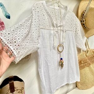 Peasant vibe blouse w eye lit detailing w intricate accents & prairie cabin vibe